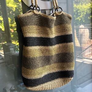 Striped Woven Tote Bag - Black and Tan